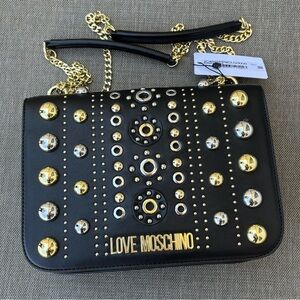 Love Moschino Black and Gold Shoulder Bag with Studded Design